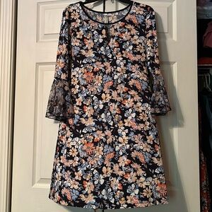 Per Seption -Large Floral -Navy w/Peach, Tan, & Blue Flowers - Long Bell Sleeves